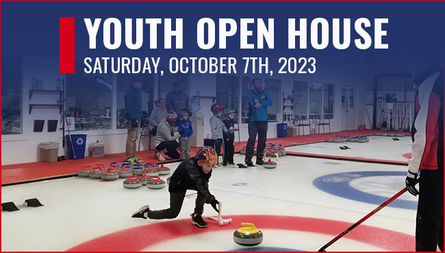 Image of a group of children on a curling sheet of ice at the Youth Open House on September 7th, 2023. The children are all wearing brightly colored curling attire and are smiling and laughing as they push a curling stone down the ice.