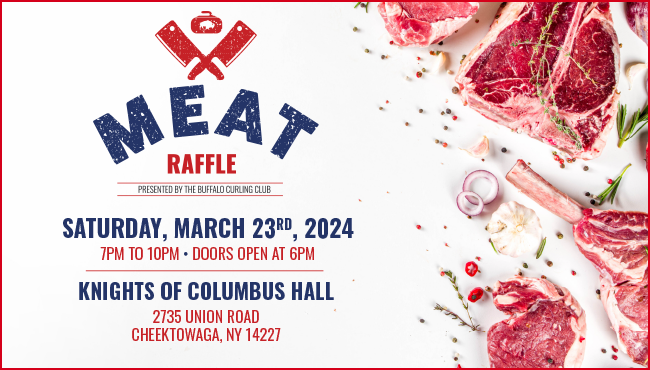 Promotional flyer for Buffalo Curling Club's Meat Raffle event on March 23, 2024, featuring assorted raw meat cuts, event details, and venue information.